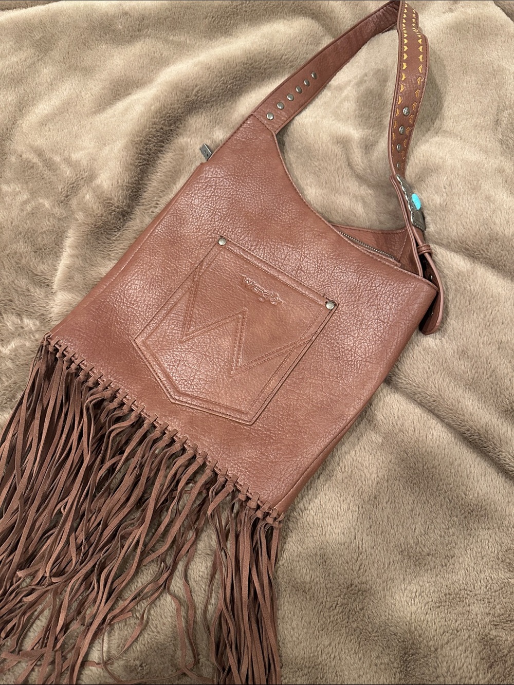 Wrangler Fringe Leather Crossbody Bag in Brown - Vintage Western Style